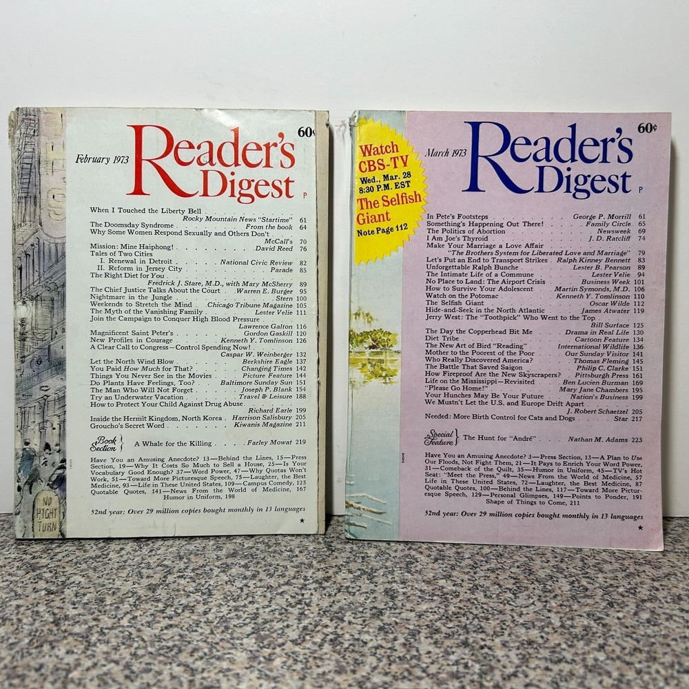 1973 February March READER'S DIGEST MAGAZINE Vintage History Short Stories Funny